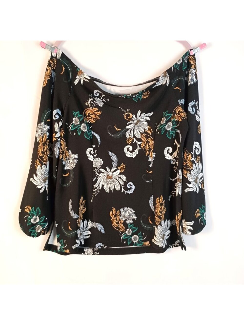Boston Proper Off Shoulder Black Floral Blouse Long Sleeve Top M Stretch - Picture 9 of 10